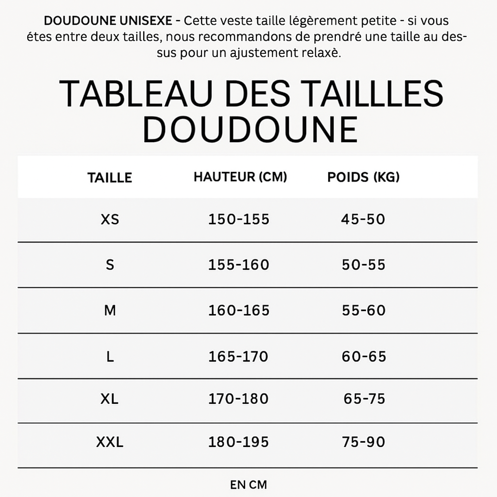 Tableau des tailles pour Doudoune Blackout